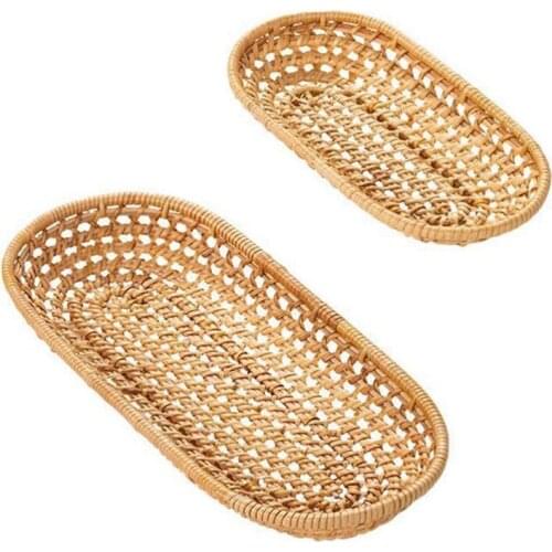2Pcs Handmade Woven Oval Rattan Fruit Basket Bread Tray Wicker Food Tray Serving Basket Weaving Storage Holder