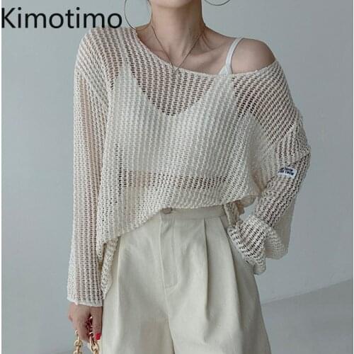 Kimotimo Hollow Out Sweater Women Korean Chic Simplicity O-neck Loose Thin Pullover Summer Sun Protection Long Sleeve Sweaters