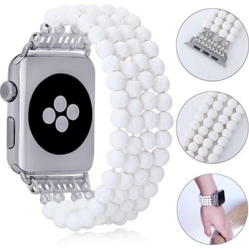 LuReen Natural Lava Stone Apple Watch Strap 38mm 42mm Elastic Watch Band For iwatch 5/4/3/2/1 Handmade Beads Bracelet Jewelry