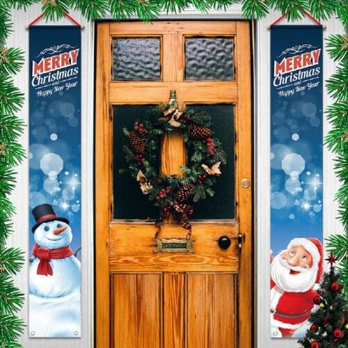 Christmas Porch Sign Cute Santa Claus Snowman Welcome Banner Front Door Hanging Sign for Home Decoration