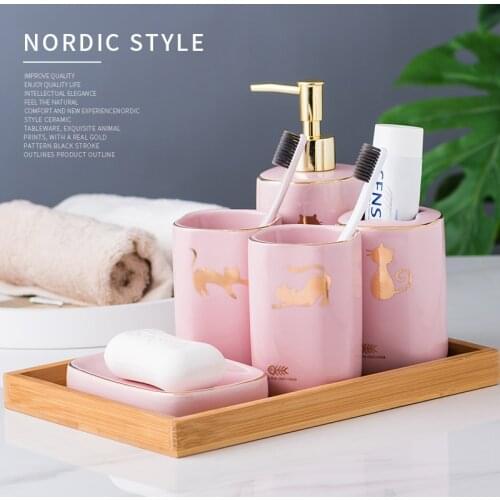 Pink Ceramic Bathroom Couple Brushing Cups Five-piece Home Toilet Wash Set Toiletries Soap Box Lotion Bottle