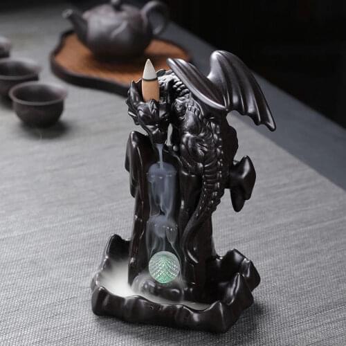 LED Ceramic Backflow Waterfall Smoke Incense Burner Censer Holder Home Office Teahouse Meditation Decor + 20Pcs Incense Cones