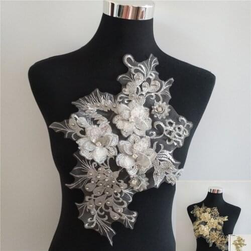 High Quality Embroidery Applique Sequins 3D Flower Sewing Lace Neckline DIY Craft ABS Pearl Tulle Lace Collar Dress Accessories