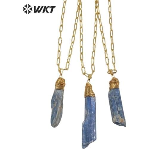 WT-N1221 WKT New ! Stone Necklace Brass Wire Warpped Blue Kyanite Gold Electroplated Pendant Necklace Women Fashion Jewelry