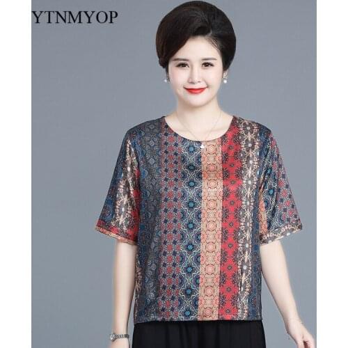 Women Summer T-shirt O-Neck Loose T shirt Retro Print Plus Size 5XL Middle-aged T-shirt Silk Imitation YTNMYOP
