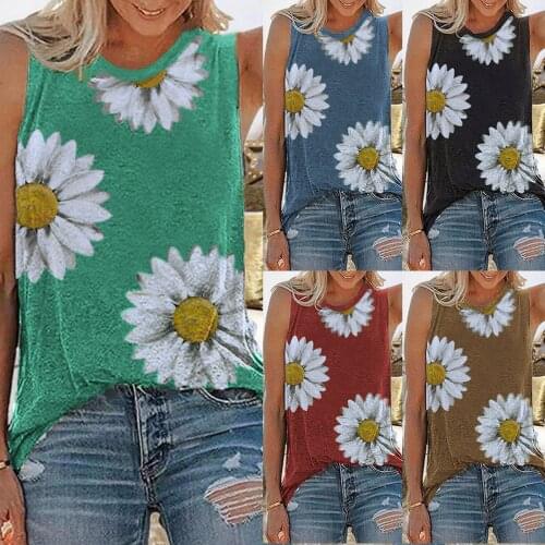 Women T-shirts Summer Tops O-neck Daisy Print Sleeveless Tank T-Shirts Graphic Blouse Loose Daisy Graphic Big Size Рубашки