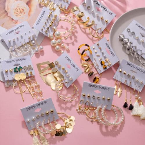 Fashion Vintage Pearl Tassel Earrings Sets For Women Gold Metal Geometric Hanging Earrings 2021 Trend Female Modern Jewelry Gift