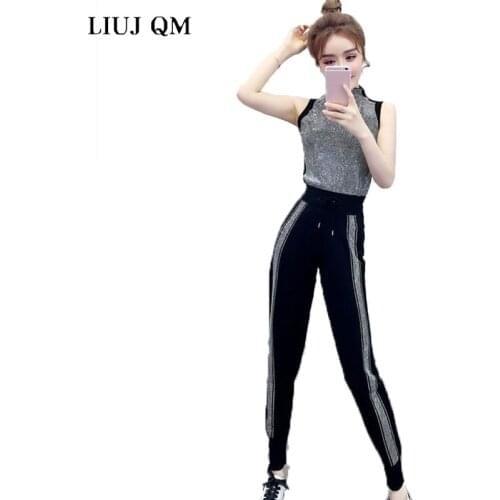 2020 Summer Two Piece Set Women Fashion Sleeveless Vest Rhinestone 2 Piece Set Women High Waist Casual Knitted Tracksuit Women