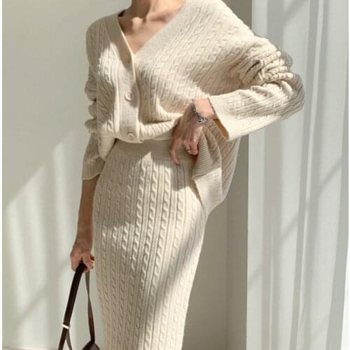 ZAWFL 2020 New Autumn Winter Women Knitting Plaid Sweater 2 Pieces Set V-neck Cardigans Coat + Elatic Waist Skirt suits