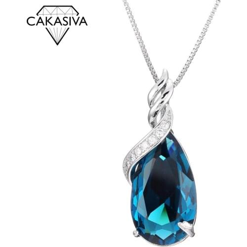 Fashion Women 925 Silver Necklace with Water Drop Sapphire Blue Pendant Necklace Birthday Party Gift