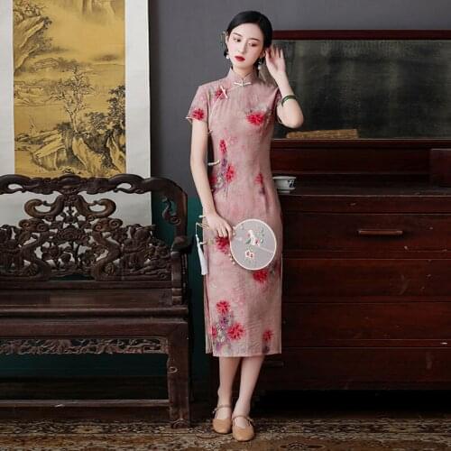 Chinese Style Women Flower Cheongsam Summer Short Sleeve Qipao Vestidos Elegant Evening Party Dress Traditional Stage Show Gown