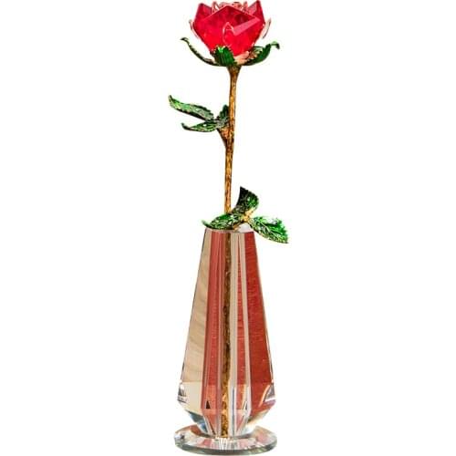 4 Colors Crystal Rose Vase Figurine Golden Green Leaves Rose Ornament Home Decor Birthday Wedding Gift