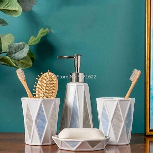 4Pcs Creative Diamond Geometry Gold Bathroom Wash Set Ceramic Home Bathroom Supplies Soap Bottle Soap Dish Toothbrush Holder Cup