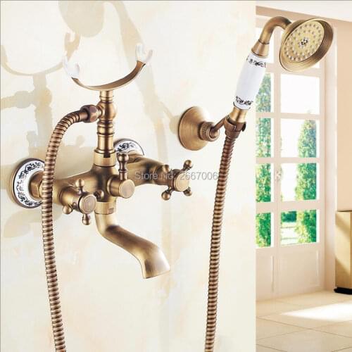 Free shipping Wall Mount Antique Brass Swivel Faucet With Porcelain Hand Shower Telephone Design Bathtub Shower Faucet Set ZR016