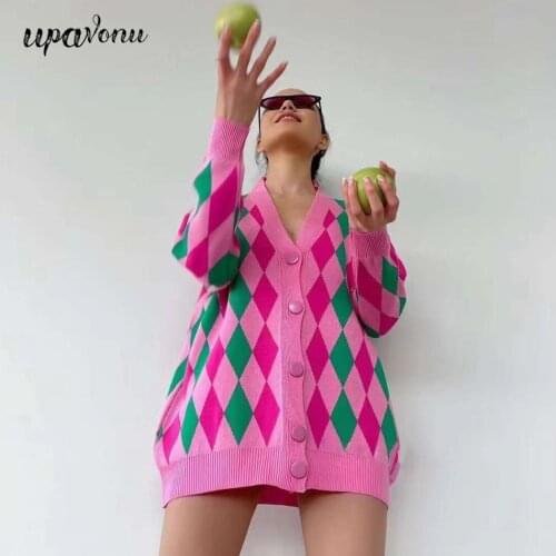 Free Shipping 2021 Women Cardigan Warm Knit Sweater Jacket Single-breasted Loose Sweater Geometric Pattern Knit Cardigan Jacket