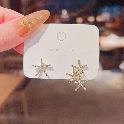 Korean New Trendy Geometric Asymmetry Starfish Earrings for Women Delicate Zircon Stud Earrings Elegant Jewelry Female Ear Studs
