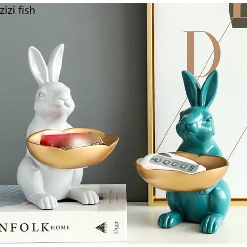 Cartoon Rabbit Storage Ornaments Resin Animal Statue Dressing Table Desktop Candy Box Snacks Organizer Sculpture Home Decoration