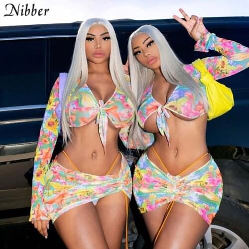 Nibber Vintage Colorful Printing Womens Crop Top Sets Long Sleeve Asymmetrical Drawstring Female Miniskirt Two Pieces Beachwear