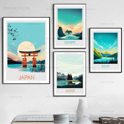 Nordic Canvas Art Print Bali Japan Banff Painting Vintage Travel Posters Bedroom Decoration Wall Art Picture for Living Room