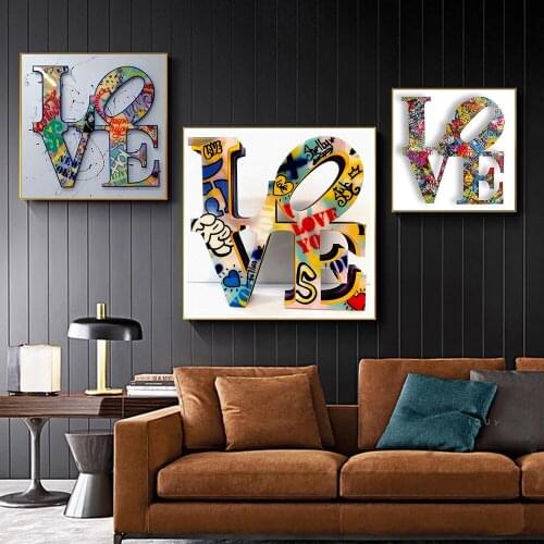 Modern Abstract Graffiti LOVE Wordart Canvas Painting Watercolour Poster and Prints Wall Art Pictures for Living Room Decoration