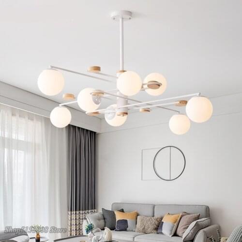 Nordic Glass Ball LED Chandelier modern Creative Living Dining Room Bedroom Chandeliers Metal Wooden Hanging Lamps Deco Fixture