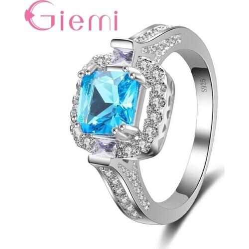 Party Beautiful Girls Party Ring 925 Sterling Silver Fashion Jewelry With Lake Blue Square Cut Cubic Zirconia Wholesale