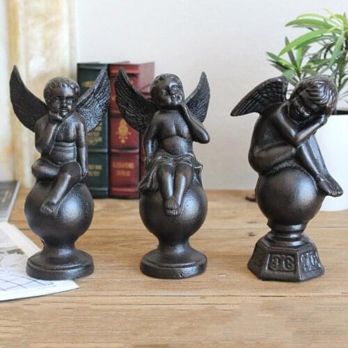 Vintage Black Table Cast Iron Angel Statues Deep Though Look Up Meditation With Round Bottom Home Decor Metal Fairy Figurines
