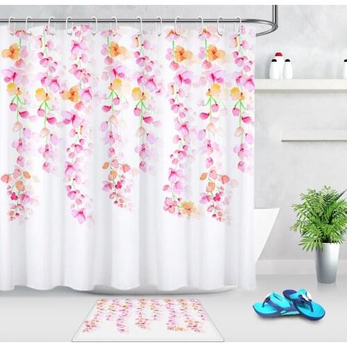Pink Flower Watercolor Printed Polyester Waterproof Shower Curtain With Hooks Mildew Resistant Bath Curtain Home Bathroom Decor