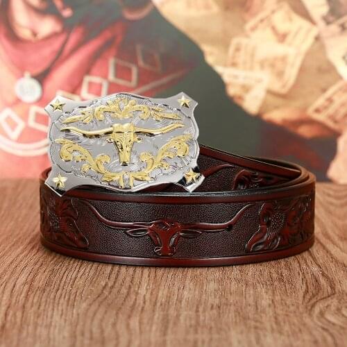 Western Cowboy Zinc Alloy Endeavour Cow Attitude Buckle Leather Belt Belt Gift