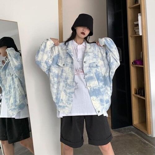 Hip hop style Women Loose Single-breasted Printing Gradient Denim jacket Spring Autumn Female Casual Coat Streetwear Jean jacket