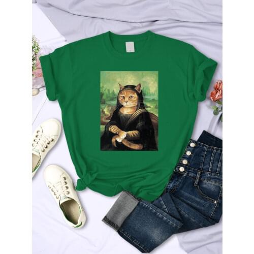 Da Vinci Mona Lisa Funny Cat Painting Print Womens t-Shirts Summer Large Size Clothing o-Neck t Shirt Breathable Womens Tshirt
