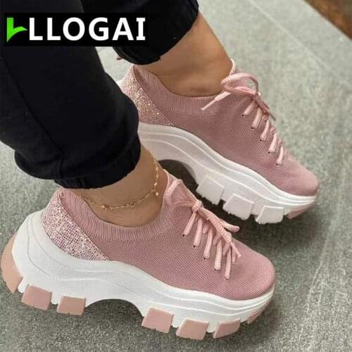 2021 Women Platform Sneakers Bling Vulcanized Womens Wedges Female Summer Lace-up Sport Shoes Ladies Casual Footwear Plus Size