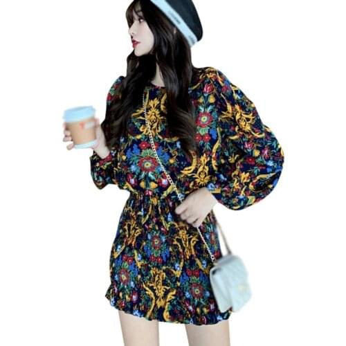 DAXIN Fall Women Floral Dress High Waist Lantern Long Sleeve Slim Fit Casual Vestidos Femme vestido de mujer