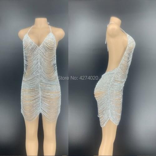 Silver Rhinestone Chains Halter Backless Short Dress Women Birthday Celebrate Party Dress Bar Club Sexy stage Dance wear