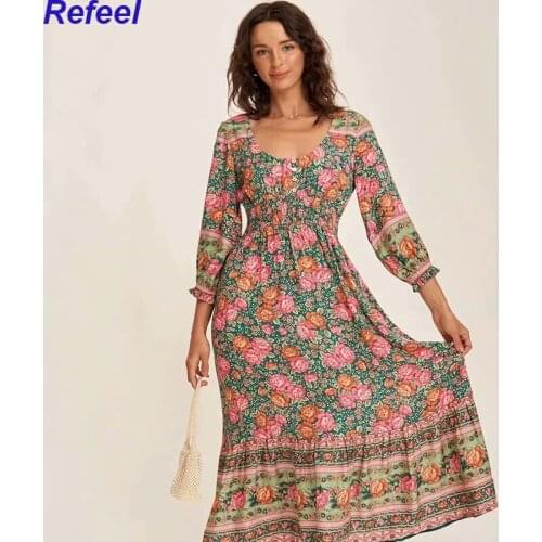 Floral Printed Midi Dress Women Autumn V Neck Long Puff Sleeves Rayon Casual Dresses New Fashion Bohemian Holiday Femme Vestidos