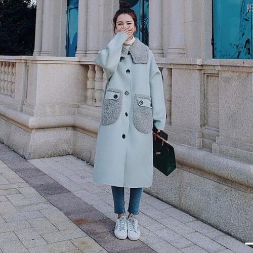 Womens Lamb Wool Padded Jacket Thickened Long Winter Retro Checkered Stitching Lapel Single-breasted Korean Loose Cotton Coat