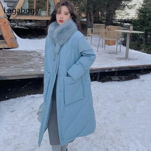 Lagabogy Winter Women 90% White Duck Down Coat Female Thick Warm Long Parkas Snow Puffer Jackets Big Real Fox Fur Collar Outwear