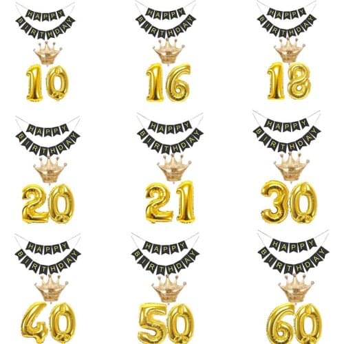Gold Number crown Balloons black happy banner for 10 16 18 20 21 30 40 50 60 70 80 Years old kid Adult Birthday Decoration favor