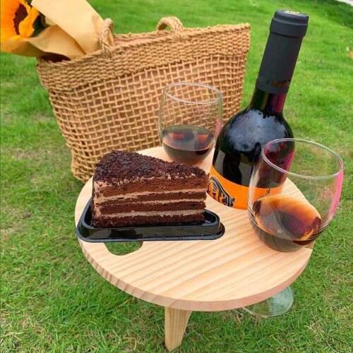 29*20cm Outdoor Portable Foldable Wine Table With Round Mini Wooden Desktop Easy To Carry Rack Picnic Party Travel Tools JU0159