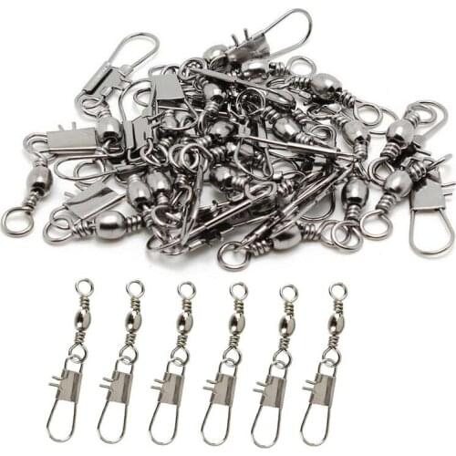 50Pcs/Bag Fishing Connector Pin Bearing Rolling Swivel Stainless Steel with Snap Fishhook Lure Tackle Accessories