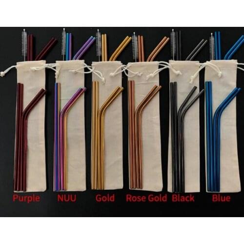 6 Colors Customized Bag Packing 4+1 Reusable Stainless Steel Drinking Straws Set Metal Straws Set with Cleaning Brush