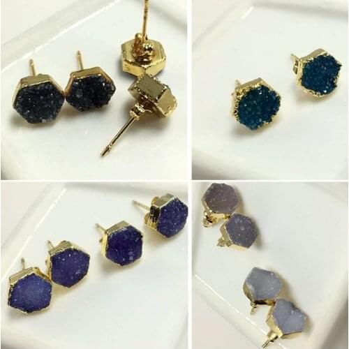 8mm Natural Female Piercing Stud Earrings Cute Irregular Polygon Stone Titanium Crystal Quartz Geode Druzy Earring Women Gift