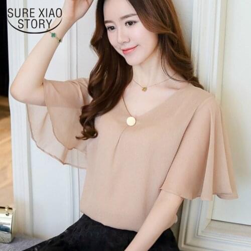 2021Plus Size 4XL Chiffon Women Blouse Shirts Fashion Tops Khaki Short Sleeve V-neck Womens Clothing Blouses Blusas D644 30
