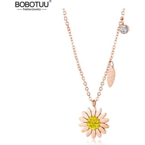 BOBOTUU Trendy Stainless Steel Small Daisy Pendant Necklace Rose Gold CZ Crystal Charm Choker Necklace For Women BN17090