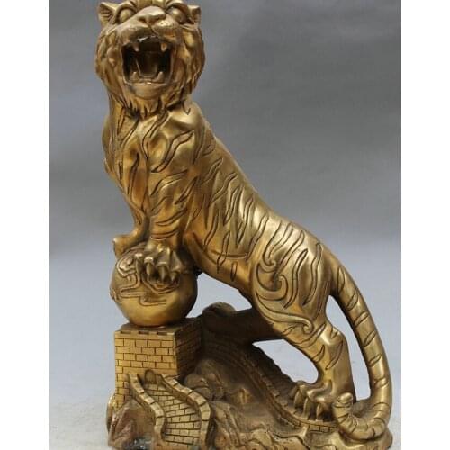 Fast shipping USPS to USA S1533 16" Chinese Brass FengShui Wild Ferocious Roar Tiger Ball On Great Wall Statue