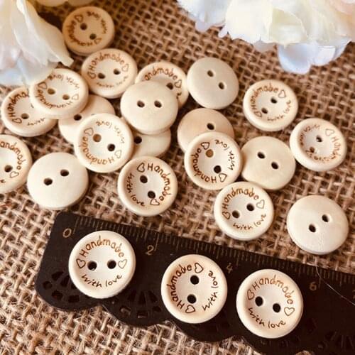 100pcs Natural Color Wooden Buttons 15mm Handmade With Love Round Wood Button for Clothing Craft DIY Apparel Sewing Accessories