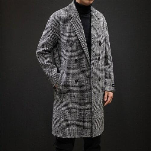 Double breasted wool jacket mens winter casual fashion houndstooth jacket mens lapel woolen mid-length trench coat