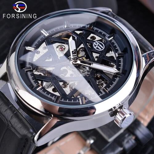 Forsining Mens Black Skeleton Mechanical Watches Leather Strap Hollow Luminous Hand Winding Wristwatch Male Hours Relogio Clock