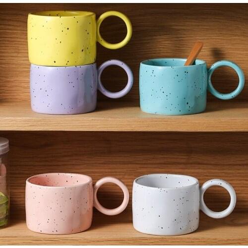 Korean Colorful Ceramic Coffee Cups with Round Circle Handle 300ml Breakfast Drink Milk Tea Water Cup Tableware Couple Mugs Gift