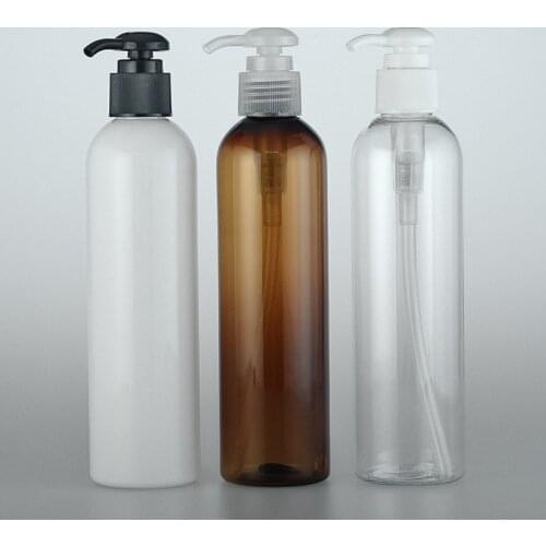 20pcs/lot 250ml round lotion pump shampoo bottle containers for cosmetic packaging ,amber PET bottle with liquid soap dispenser
